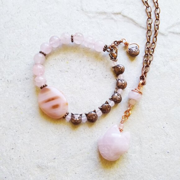 Pink Rose Quartz & Copper Cats Bracelet 7-8" Wrist - Cat Lovers & Cat Ladies - Picture 10 of 10
